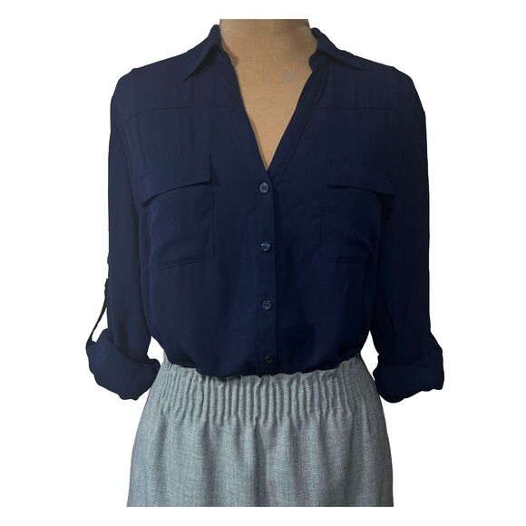 New York and Co. Navy Roll Tab Sleeve Blouse Size XL - Picture 1 of 14